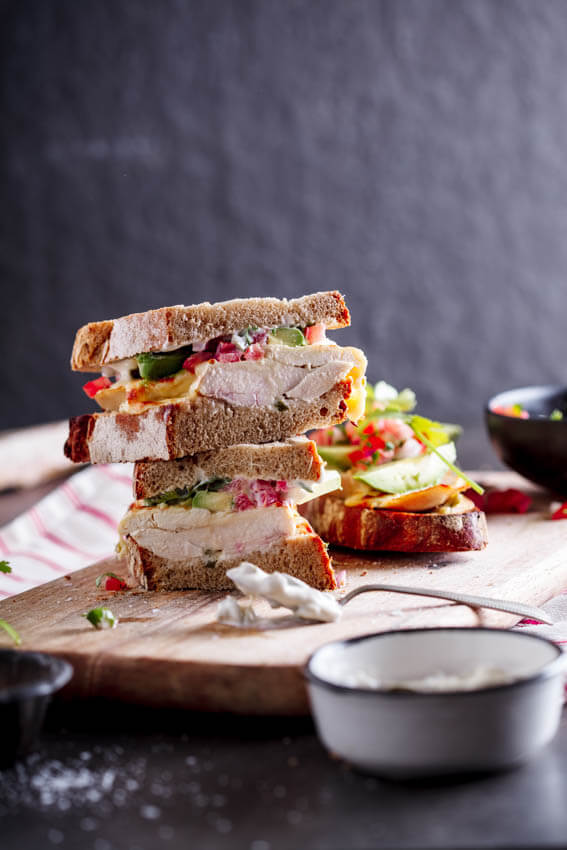 Roast chicken melt with jalapeño mayo and salsa