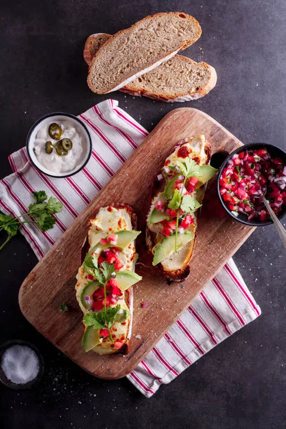 Roast chicken melt with jalapeño mayo and salsa