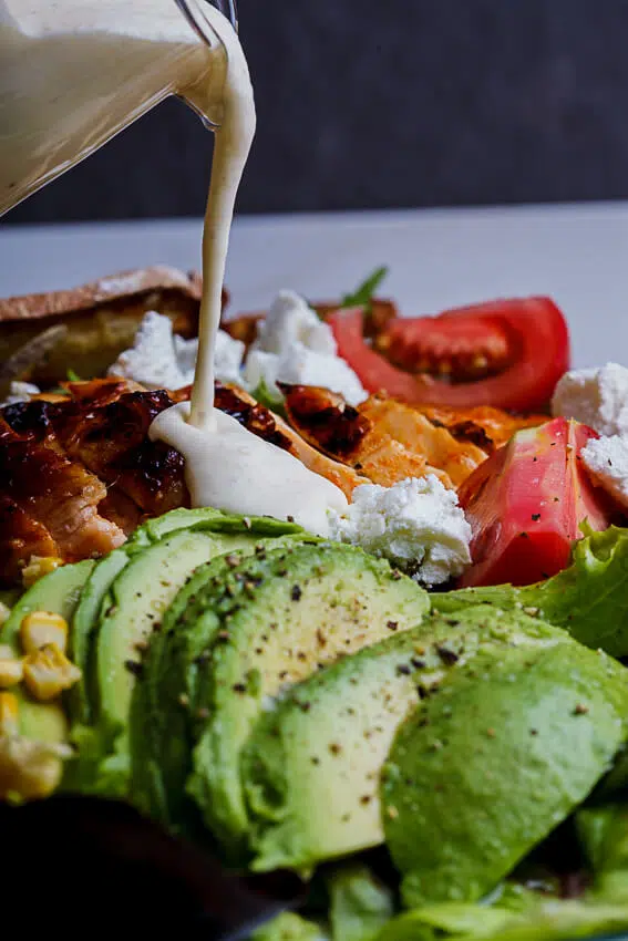 Spicy roast chicken salad with creamy lemon dressing