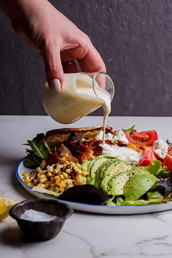 Spicy roast chicken salad with creamy lemon dressing