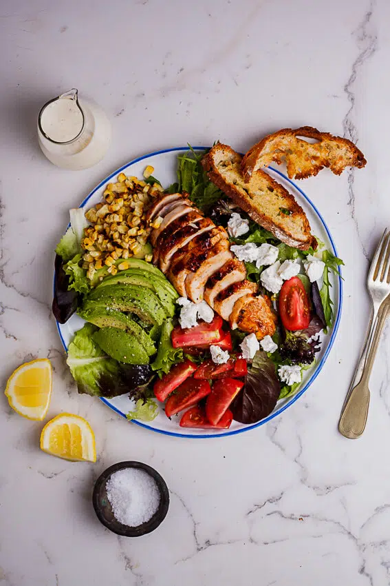 Spicy roast chicken salad with creamy lemon dressing