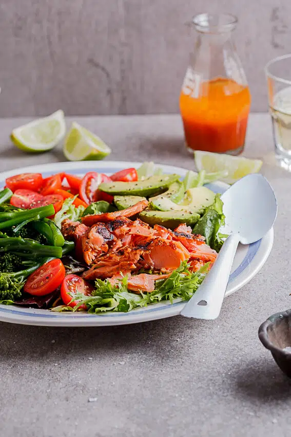 Grilled trout salad with sriracha lime dressing
