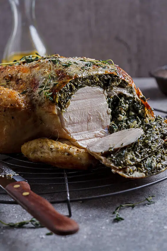 Spinach and feta stuffed roast chicken