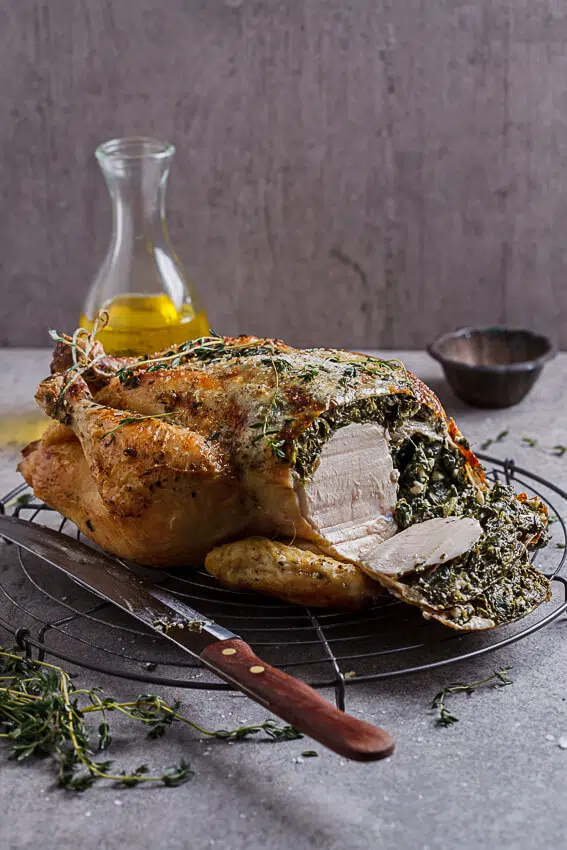 Spinach and feta stuffed roast chicken