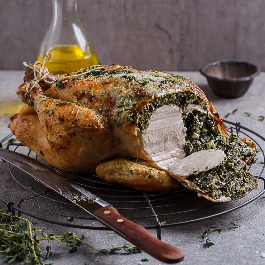 Spinach and feta stuffed roast chicken