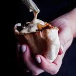 Shredded lamb pitas with fried eggplant