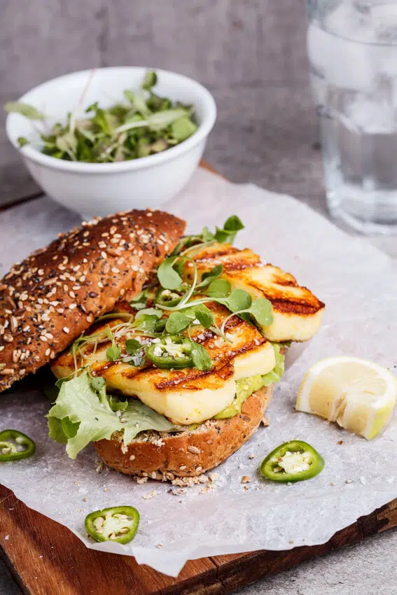 Spicy green goddess sandwich with halloumi