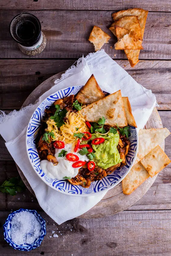 Chicken chili bowls with home-made tortilla chips