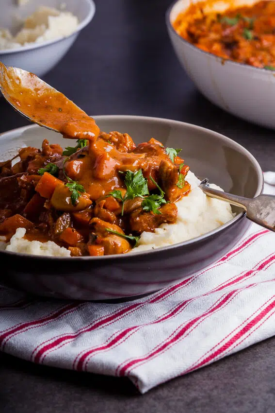 Chicken stew with garlic parmesan mashed potatoes
