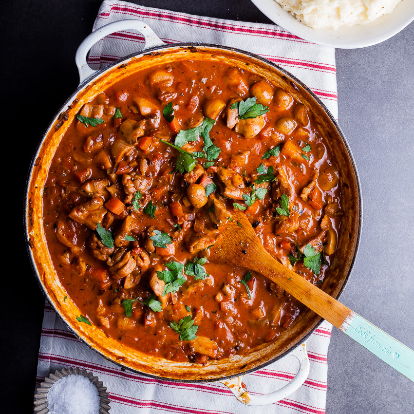 Chicken, tomato and mushroom stew with garlic Parmesan mash - Simply ...