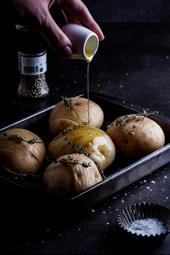 Hasselback potatoes with sriracha butter