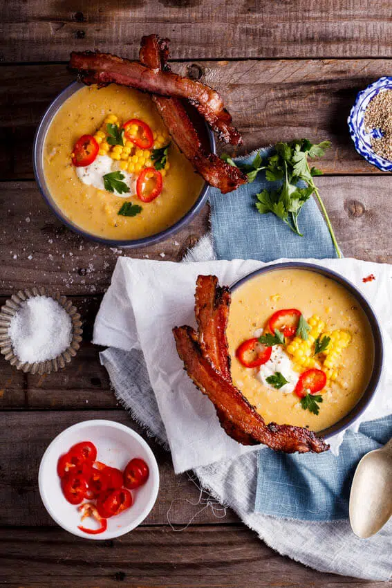 Corn chowder with bacon dippers