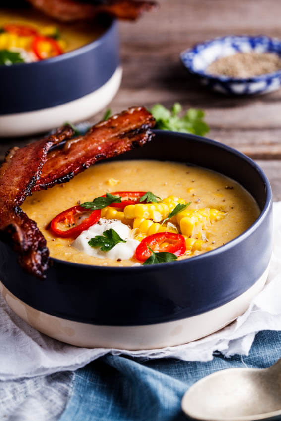 Corn chowder with bacon dippers