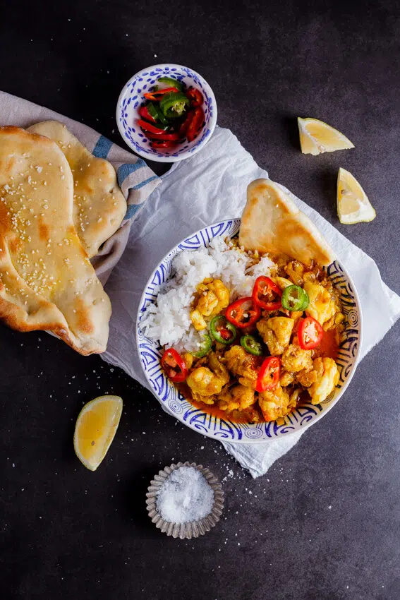 Prawn curry and Naan bread
