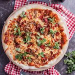 Bacon, mushroom and crispy onion pizza and the ultimate steak salad