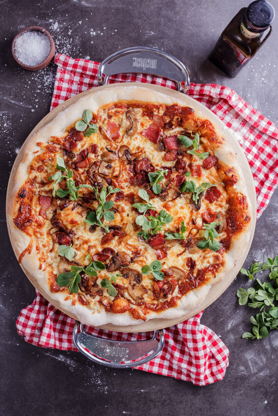 Bacon, mushroom and onion pizza