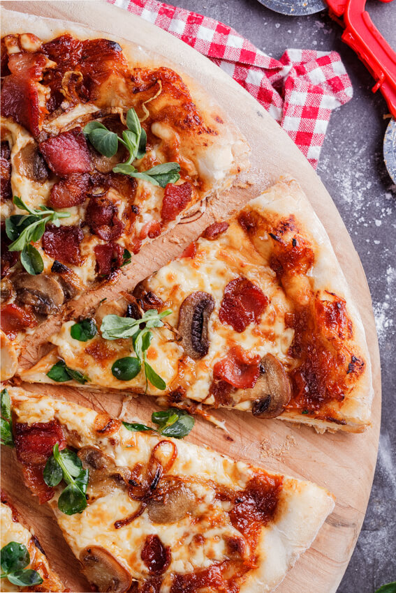 Bacon, mushroom and onion pizza