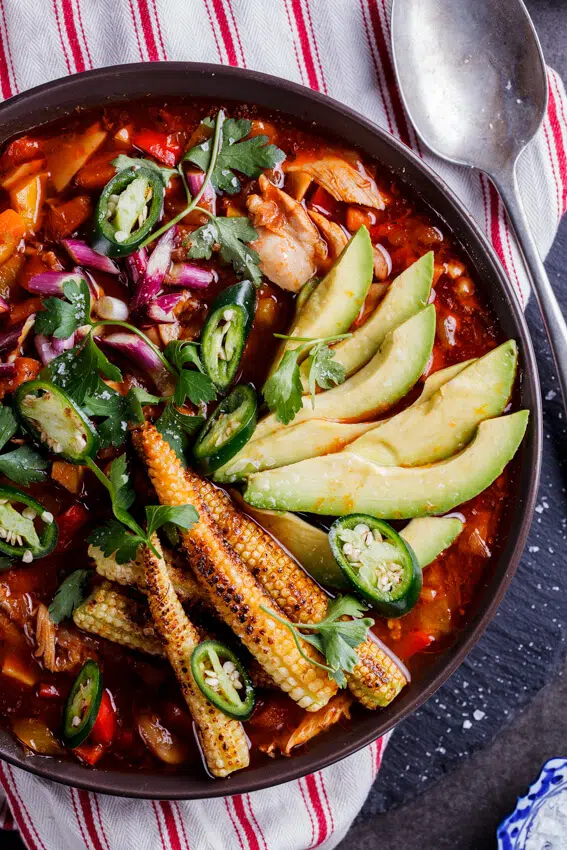 Mexican chicken soup with charred baby corn