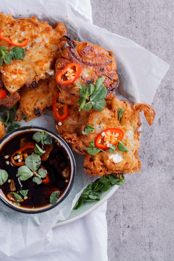 Onion and feta fritters with sweet chilli soy dipping sauce