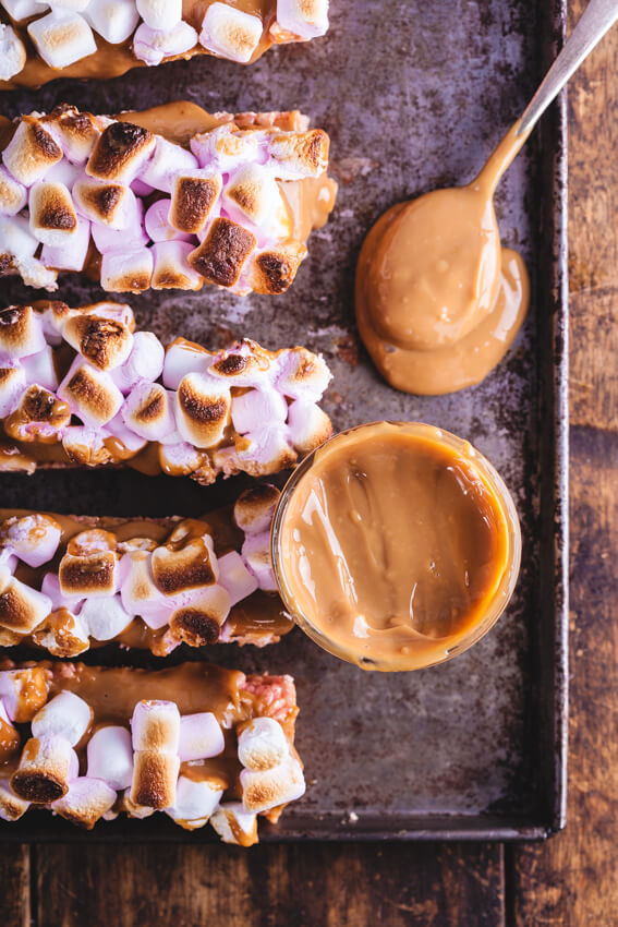Chewy rice krispie treats topped with silky caramel and toasted marshmallows. A childhood treat dressed up. 