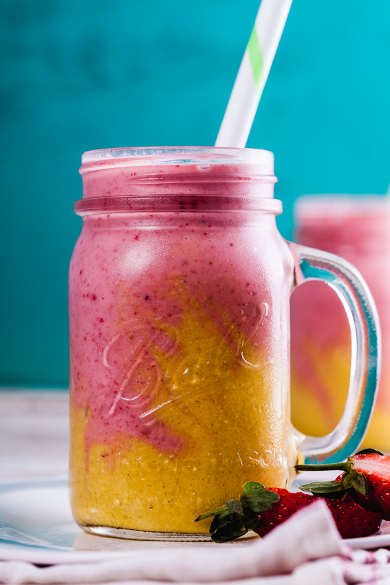 Creamy breakfast smoothies packed to the brim with nutrients. Chia seeds, almonds and yoghurt all add to the good-for-you factor of these fruity smoothies.