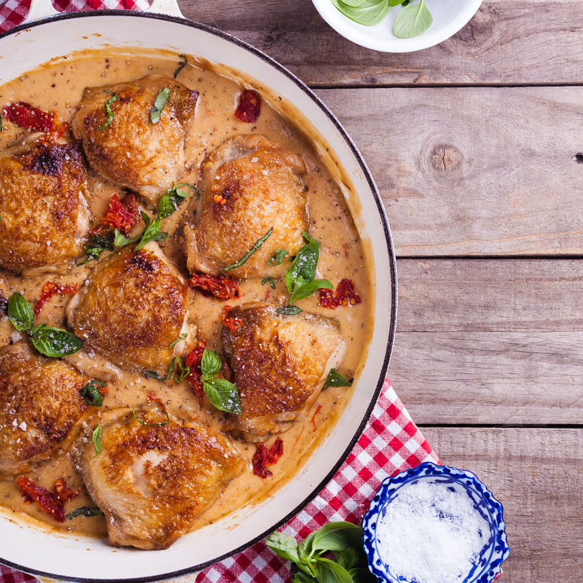 Chicken thighs with sun dried tomato and basil sauce