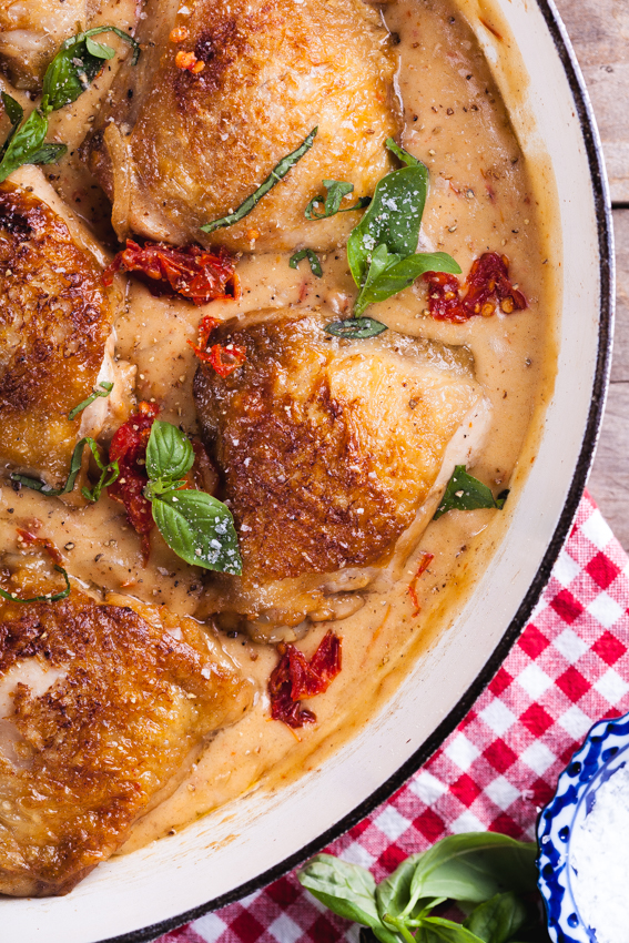 Creamy sun dried tomato and basil chicken thighs