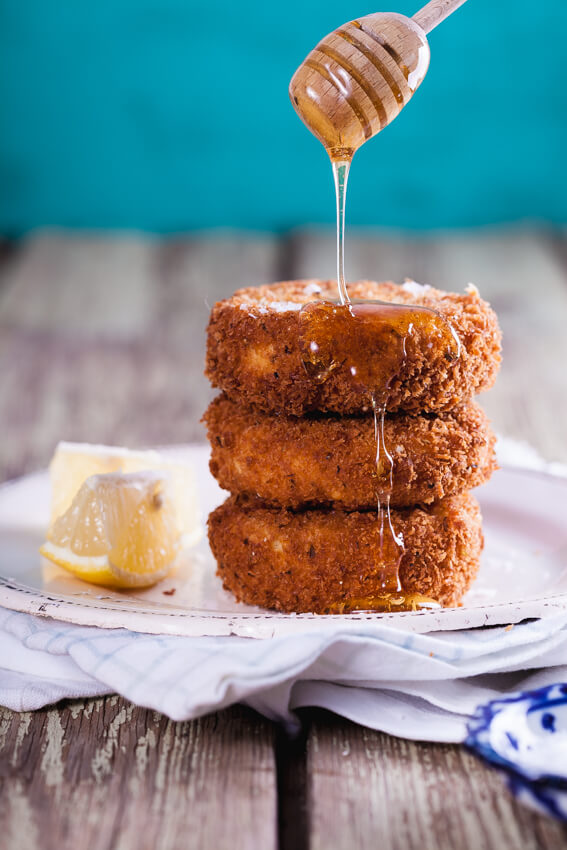 Fried feta cheese drizzled with honey.
