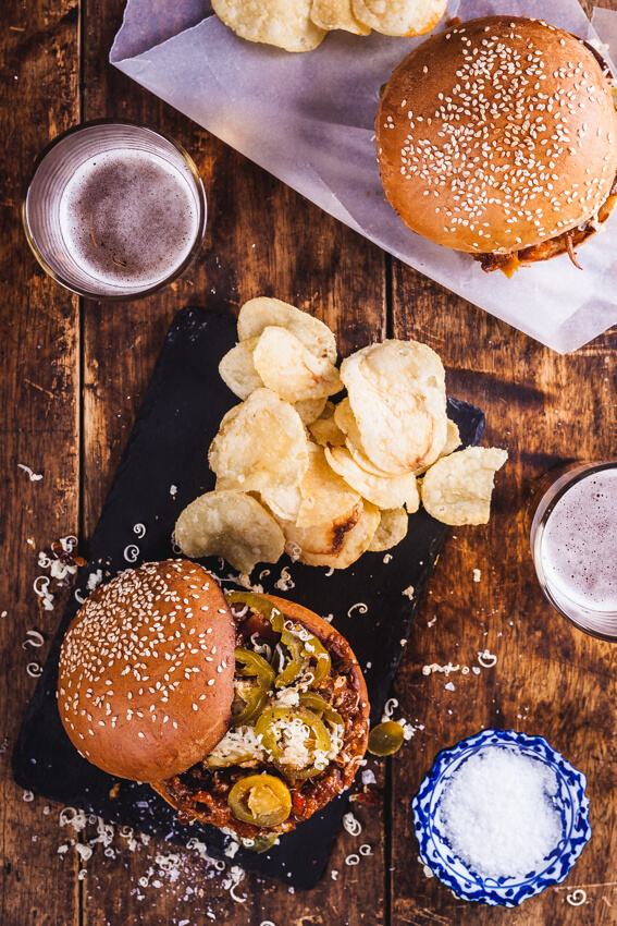 Big, gooey slow-cooked, shredded beef Sloppy Joes topped with sharp mature cheddar and tangy pickled jalapeños is your childhood favorite beefed up.