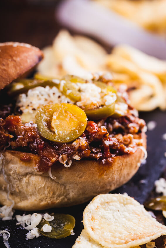 Slowcooked shredded beef Sloppy Joes with pickled