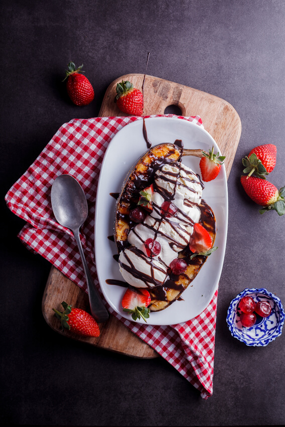 Grilled banana split sundae