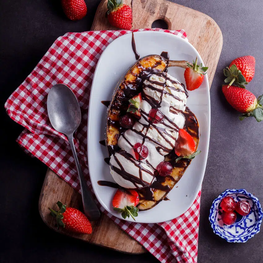 Grilled banana split sundae