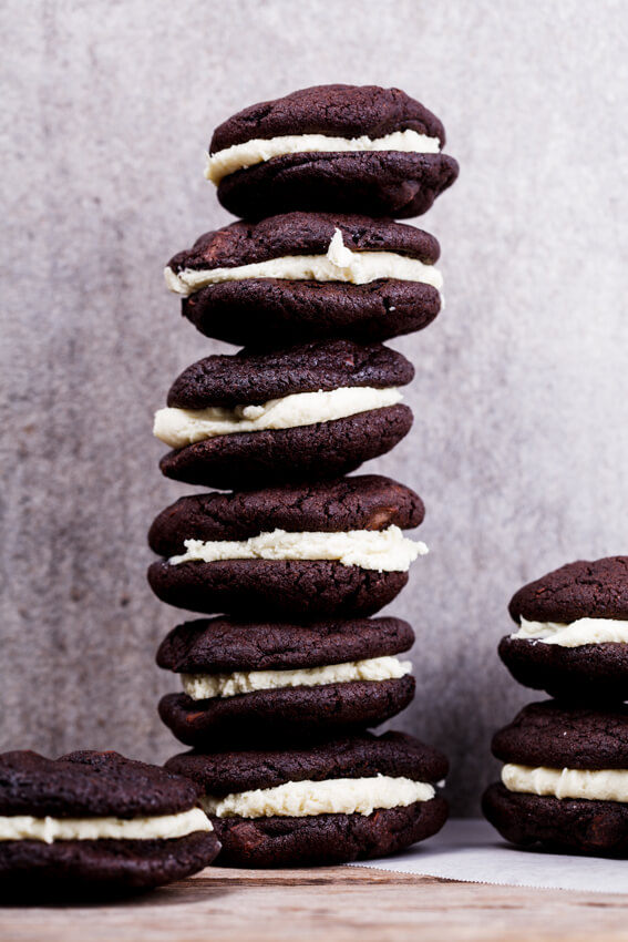 Double dark chocolate chunk cookie sandwiches filled with whipped, salted white chocolate ganache. This is what "Chocolate wasted" looks like.