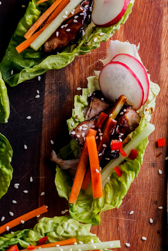 Sticky Chinese BBQ pork lettuce cups