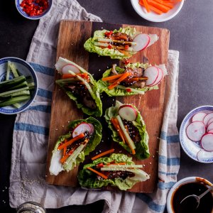Sticky Chinese BBQ pork lettuce cups