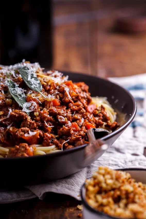 Pork bolognese with cheesy pangrattato