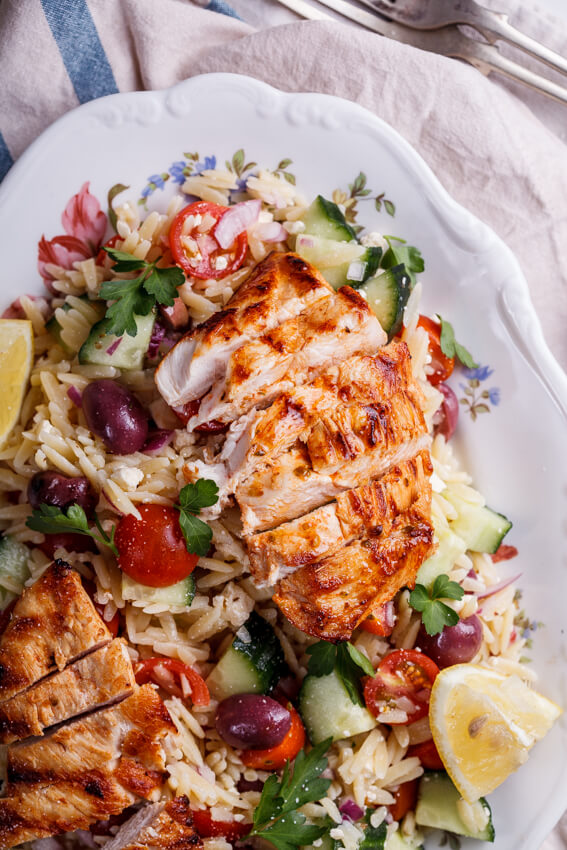 Greek orzo salad with grilled chicken  Simply Delicious