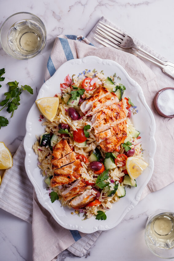 Greek orzo salad with grilled chicken