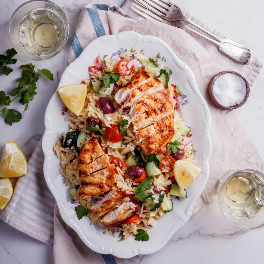 Greek orzo salad with grilled chicken