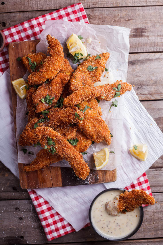 Corn flake crusted chicken strips with honey mustard sauce