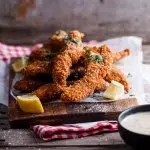 Corn flake crusted chicken strips with honey mustard sauce