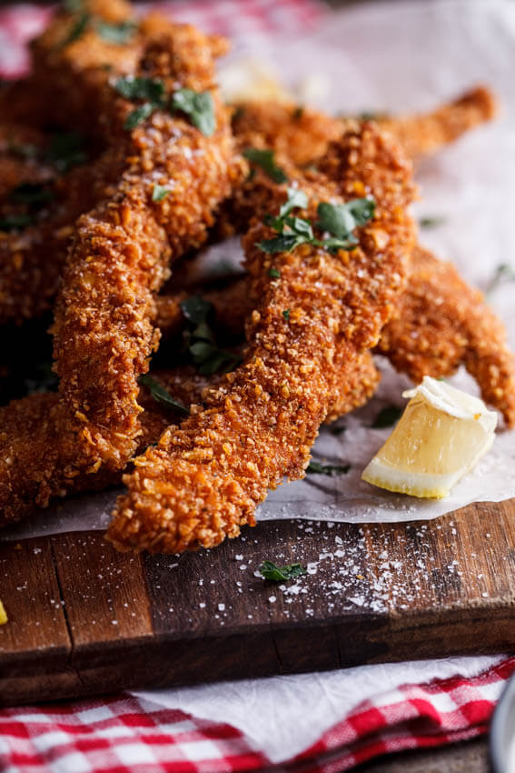 Corn flake-crusted chicken strips with honey-mustard dipping sauce