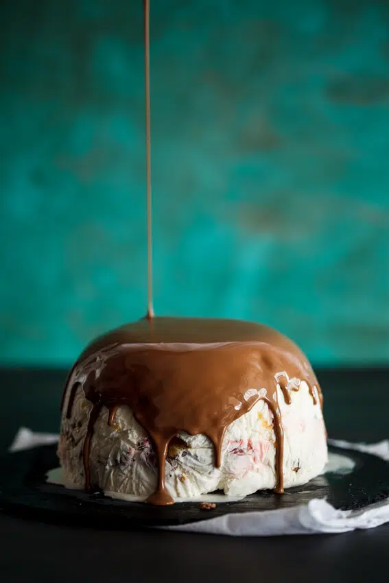 Salted caramel and chocolate ice cream bombe