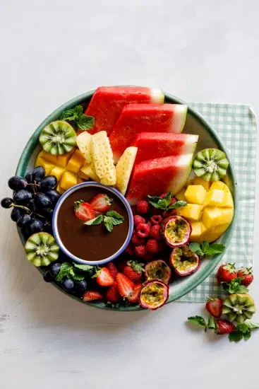 Fruit plate with coconut chocolate ganache