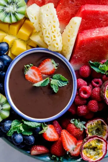Fruit plate with coconut chocolate ganache