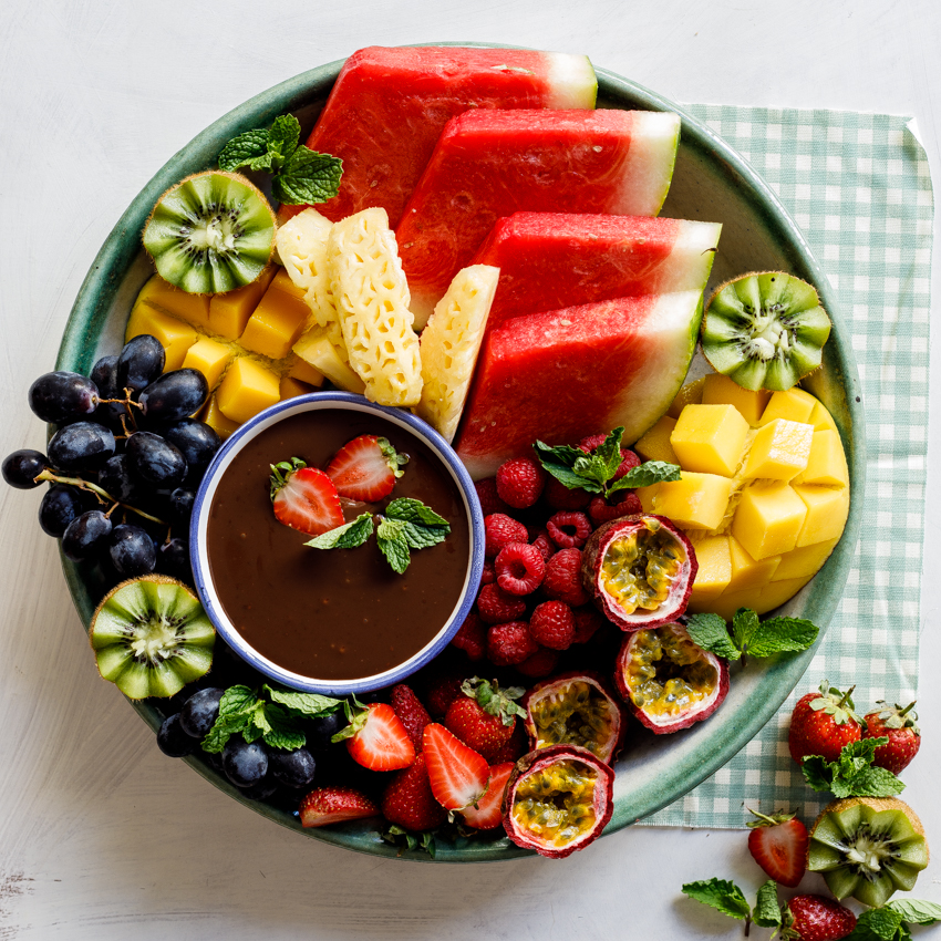 Fruit platter with coconut chocolate ganache - Simply Delicious