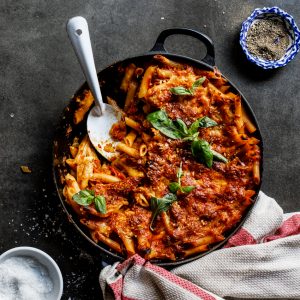 Easy cheese and tomato pasta bake