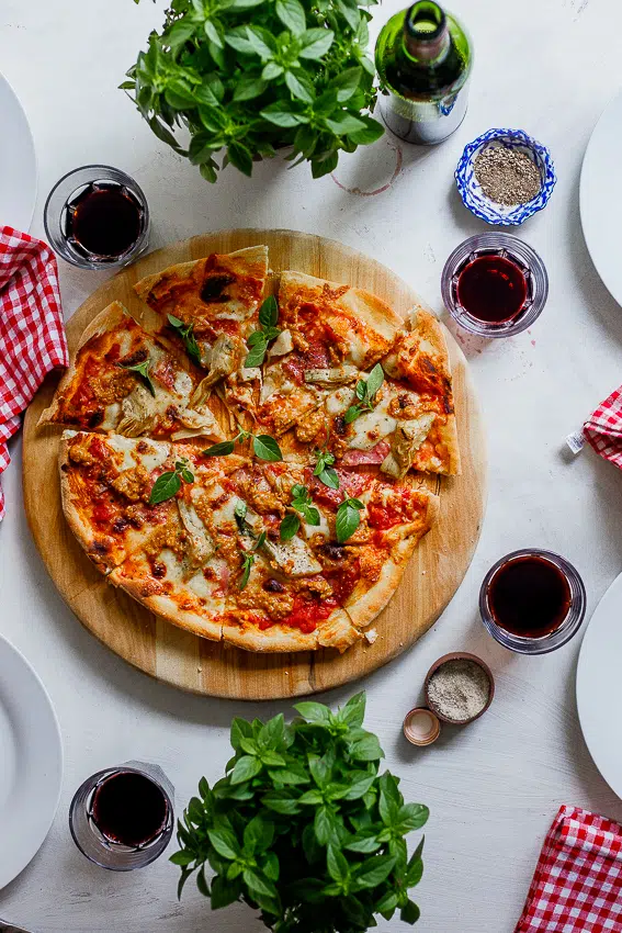 Salami, artichoke and sun dried tomato pizza