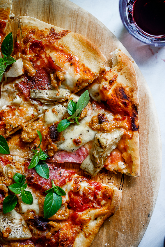 Salami, artichoke and sun dried tomato pizza