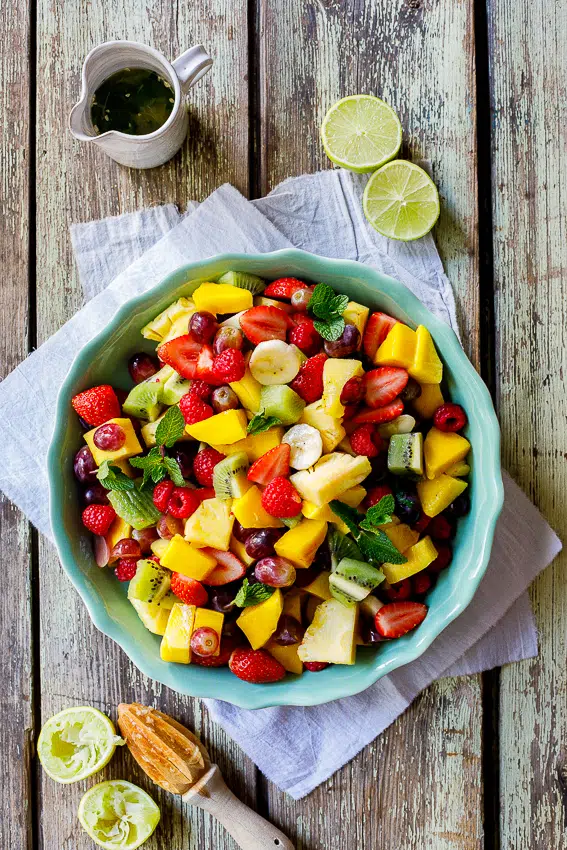 Summer fruit salad with lime-mint dressing